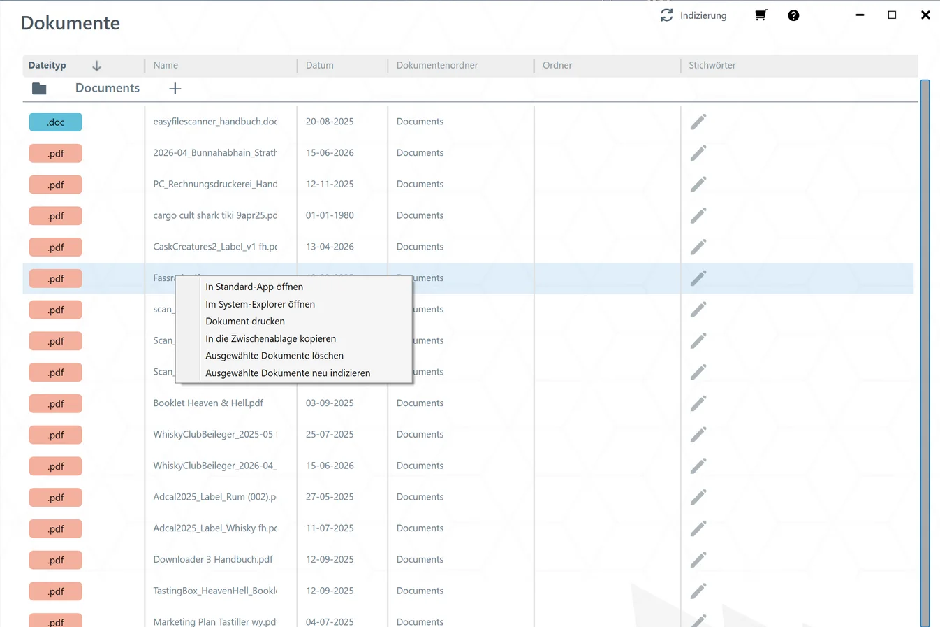 Screenshot der Dokumentenliste