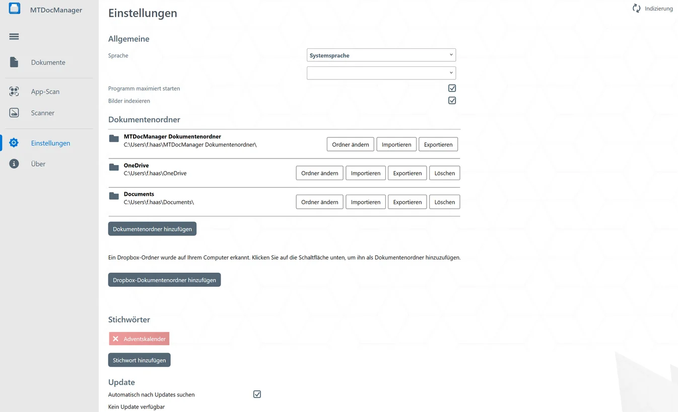 Screenshot der Einstellungen in DOCmanager
