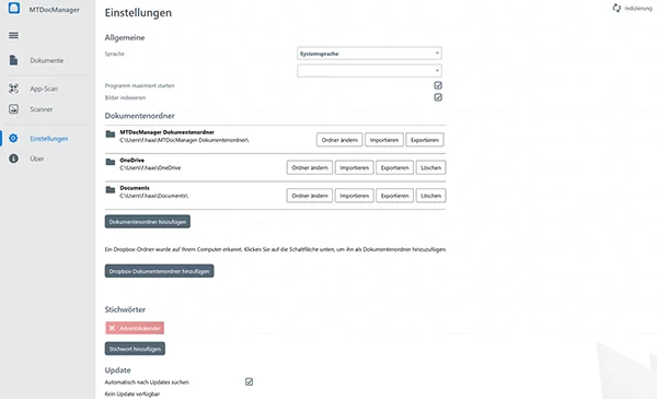 Screenshot der Einstellungen in DOCmanager