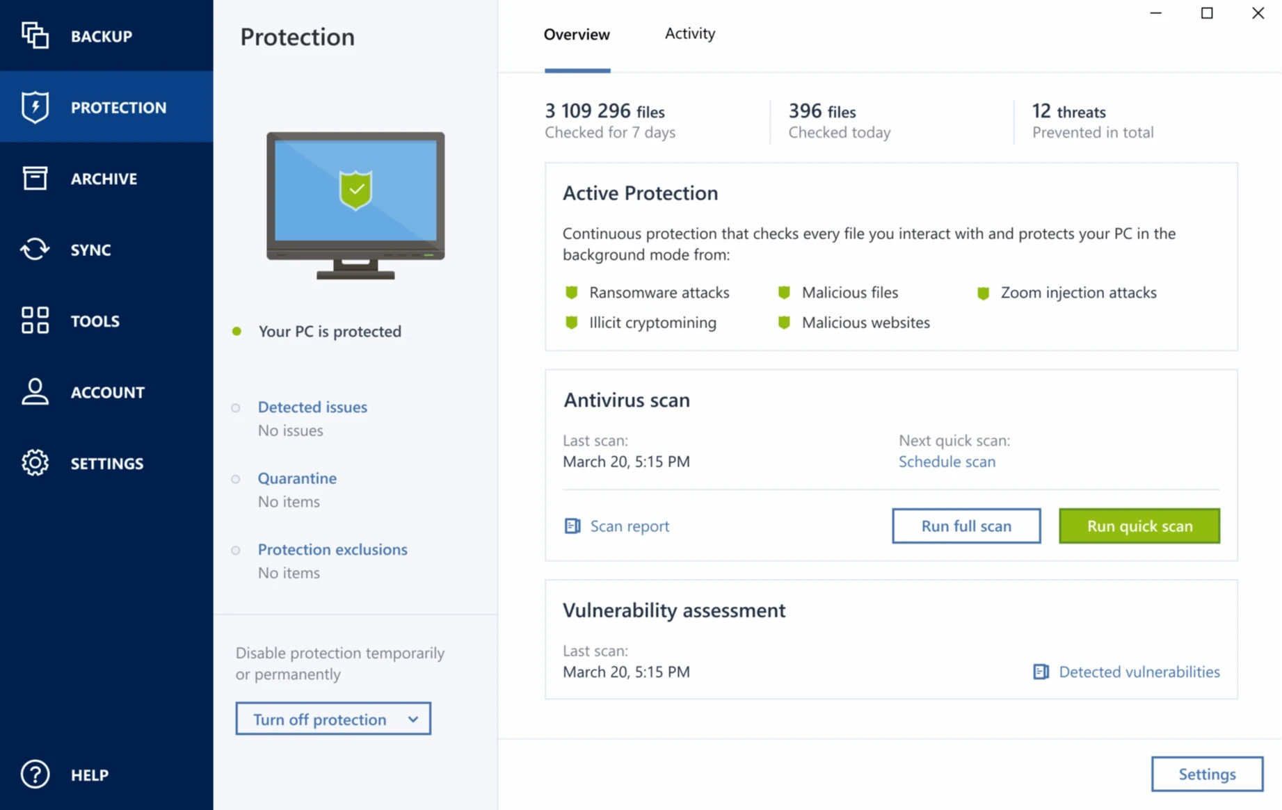 Das Dashboard zu Acronis Cyber Protect Home Office