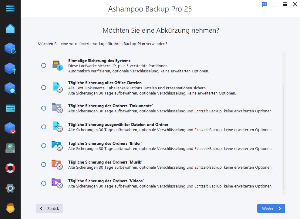 Backup Pro 25 Screenshot - Vorlagen für Backup-Pläne