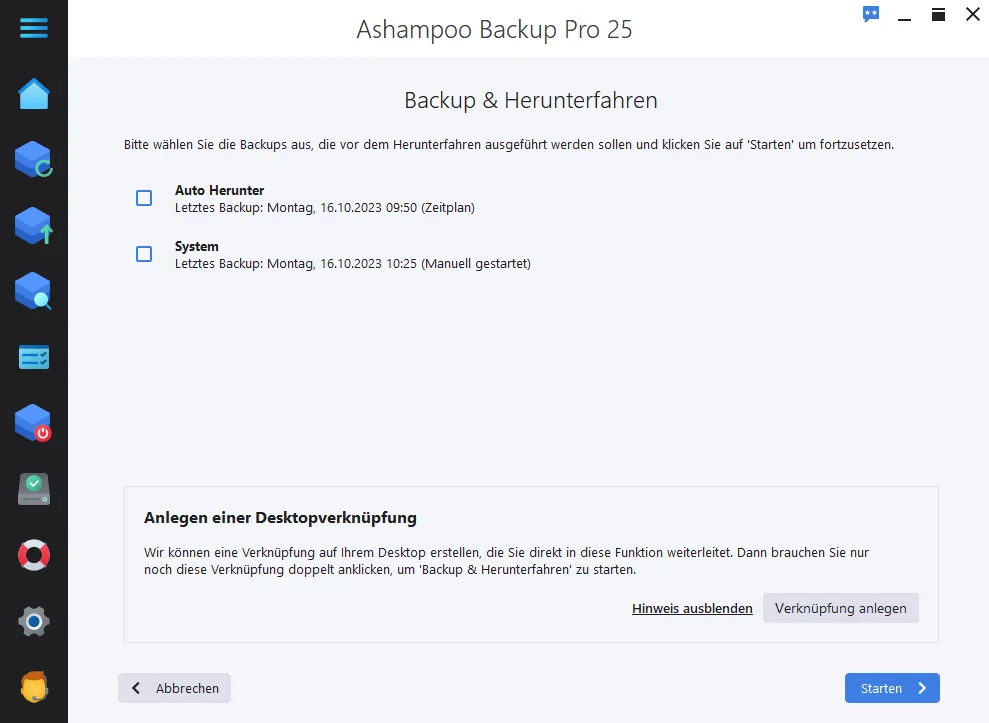 Backup Pro 25 Screenshot - Backup & Herunterfahren