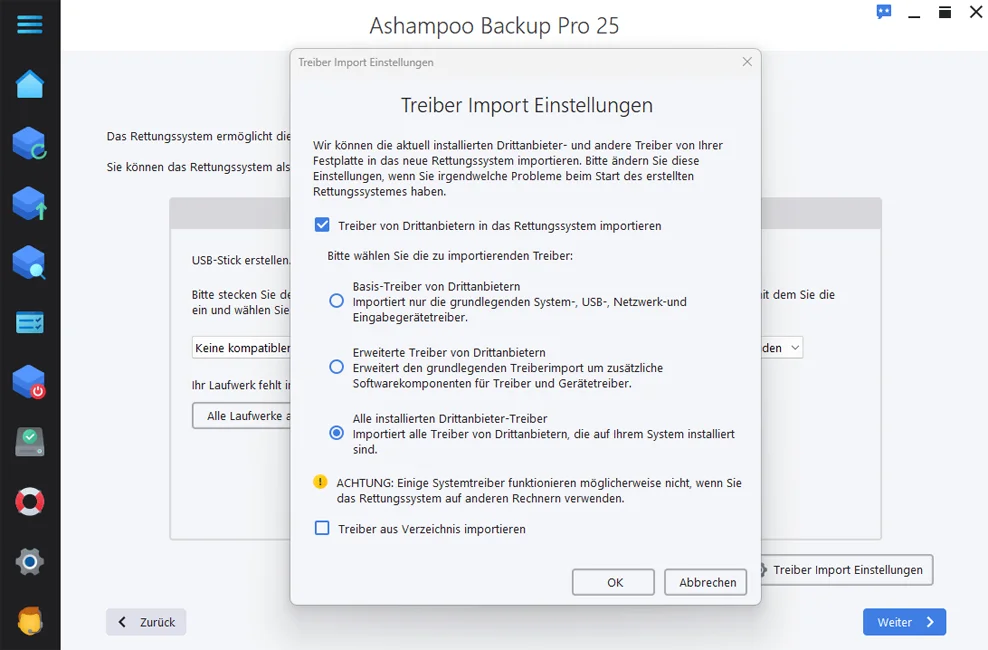 Backup Pro 25 Screenshot - Treiber-Import ins Rettungssystem