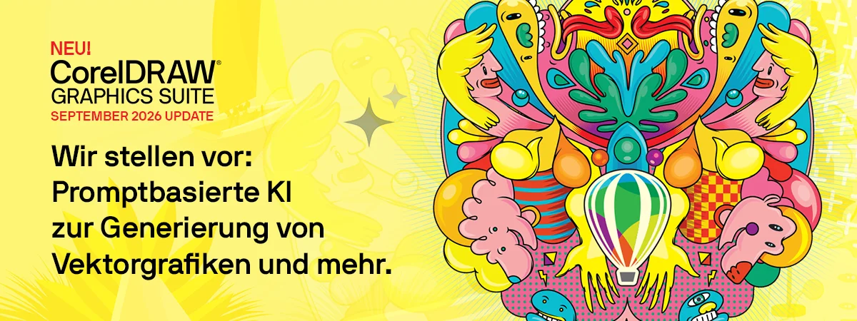 Banner CorelDRAW Graphics Suite September 2026 Update - wir stellen vor: Promptbasierte KI zur Generierung von Vektorgrafiken und mehr.