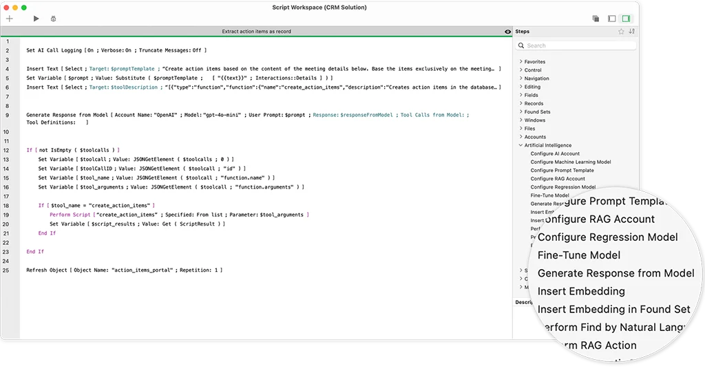 Screenshot zum Script Workspace in FileMaker Pro 2025