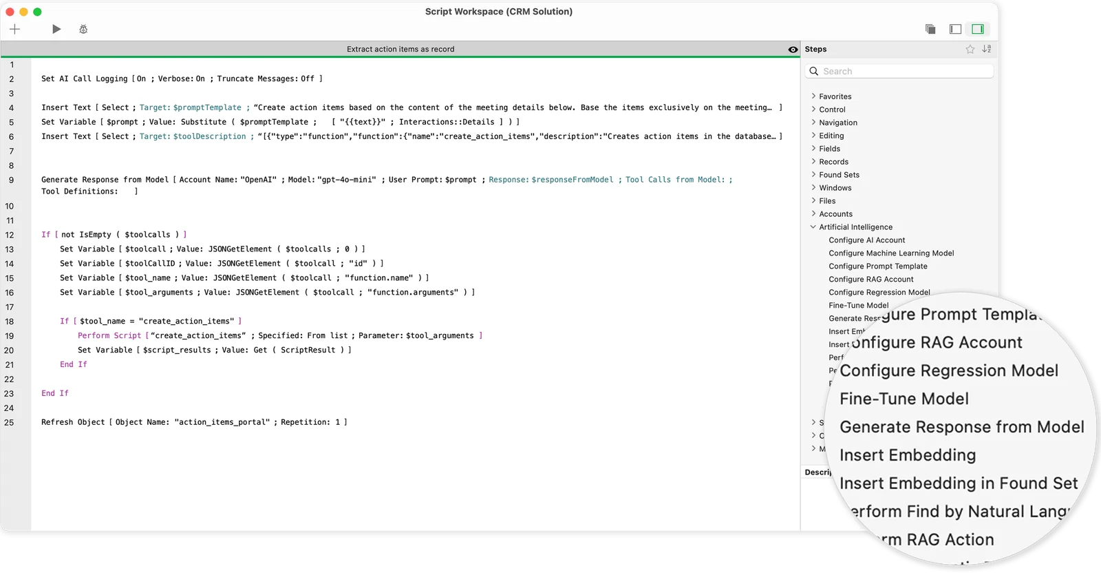 Screenshot zum Script Workspace in FileMaker Pro 2025