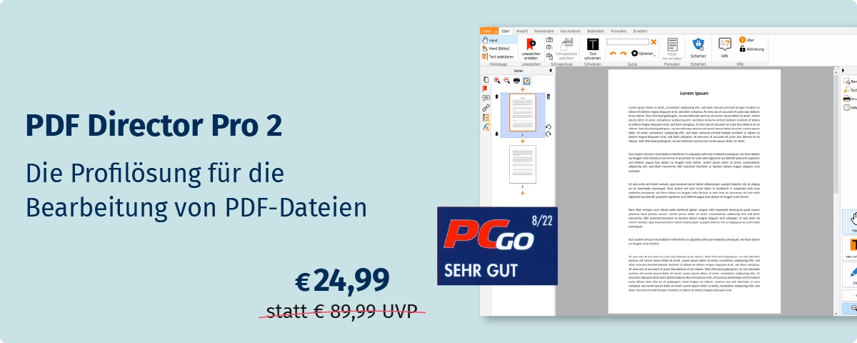 PDF Director Pro 2 | Die professionelle Lösung zur Bearbeitung von PDF-Dokumenten | Die Dauerlizenz für 24,99 EUR (statt 89,99 EUR UVP) | Sofort-Download für Windows