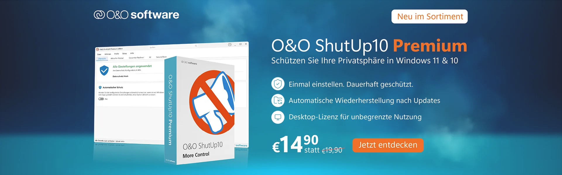 O&O ShutUp10 Premium - Datenschutz-Einstellungen in Windows 11 & 10, die auch nach jedem Windows-Update bestehen bleiben.