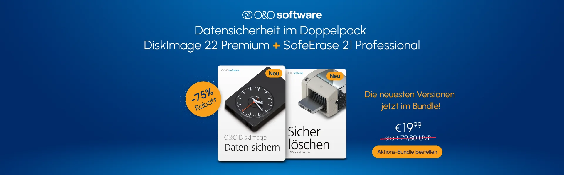 O&O Software DiskImage 22 Premium & SafeErase 21 Professional im Bundle - Datensicherheit im Doppelpack. Die neuesten Versionen für 19,99 Euro statt 79,80 Euro UVP.