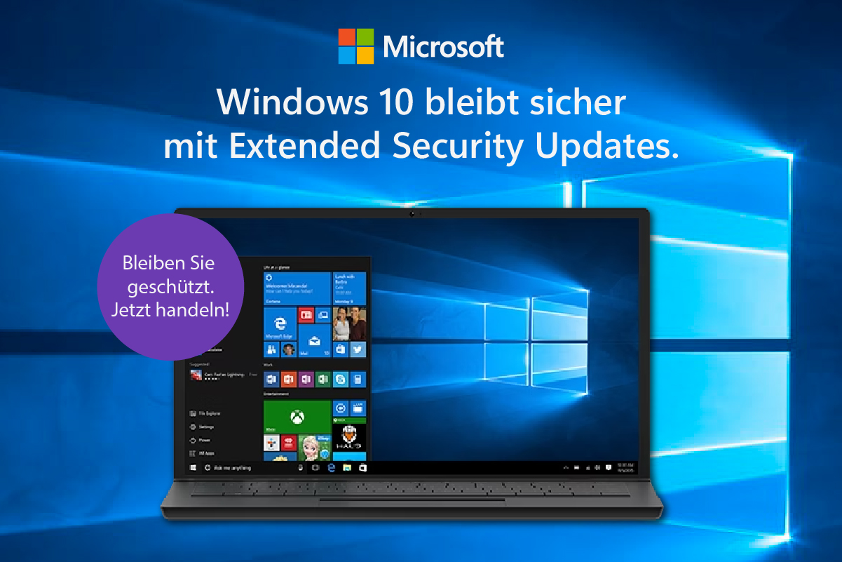 Notebook mit Windows 10. Text im Bild: ‚Windows 10 bleibt sicher mit Extended Security Updates. Bleiben Sie geschützt. Jetzt handeln!‘
