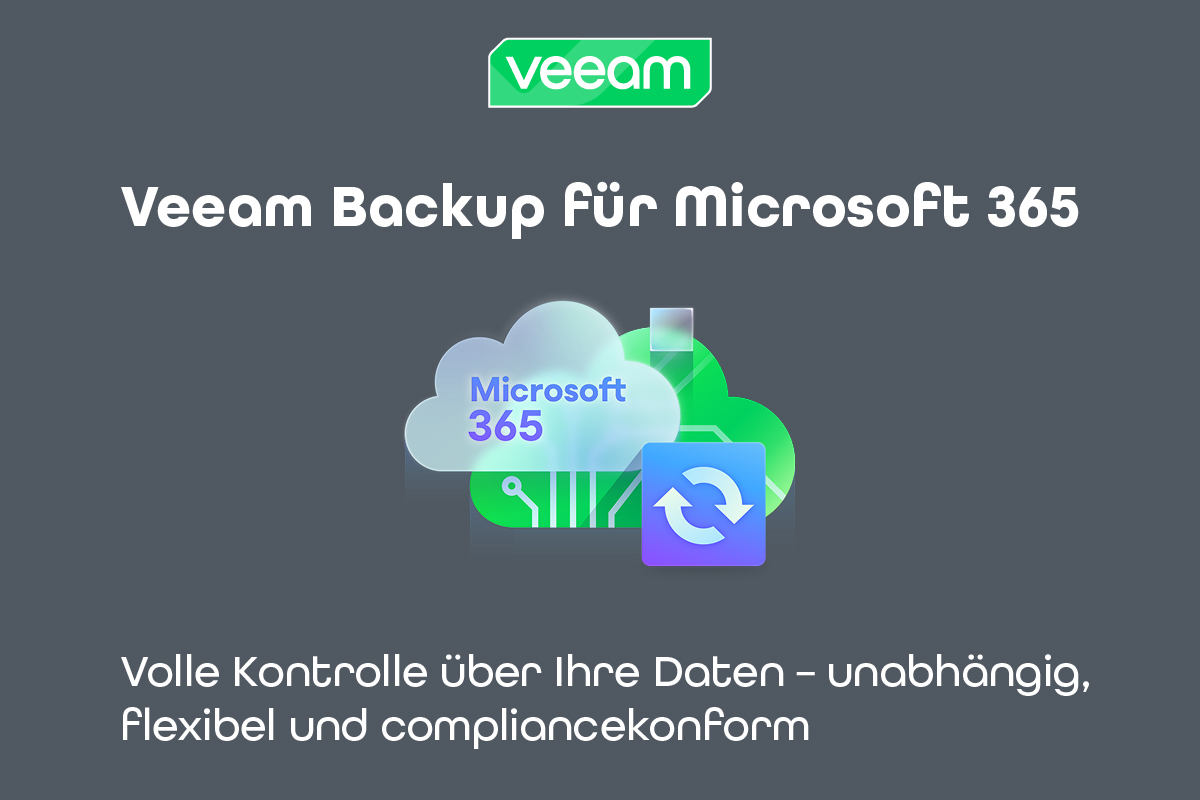 Logo von Veeam neben einer Grafik mit dem Text: ‚Veeam Backup für Microsoft 365 – Volle Kontrolle über Ihre Daten, unabhängig, flexibel und compliancekonform.‘