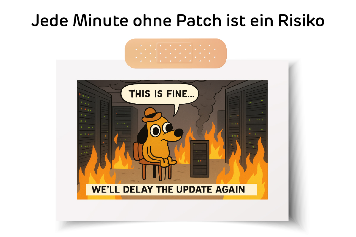 Meme eines Hundes, der in einem brennenden Serverraum sitzt mit dem Text ‚This is fine.‘ Unten steht ‚We’ll delay the update again‘, oben ‚Jede Minute ohne Patch ist ein Risiko‘.