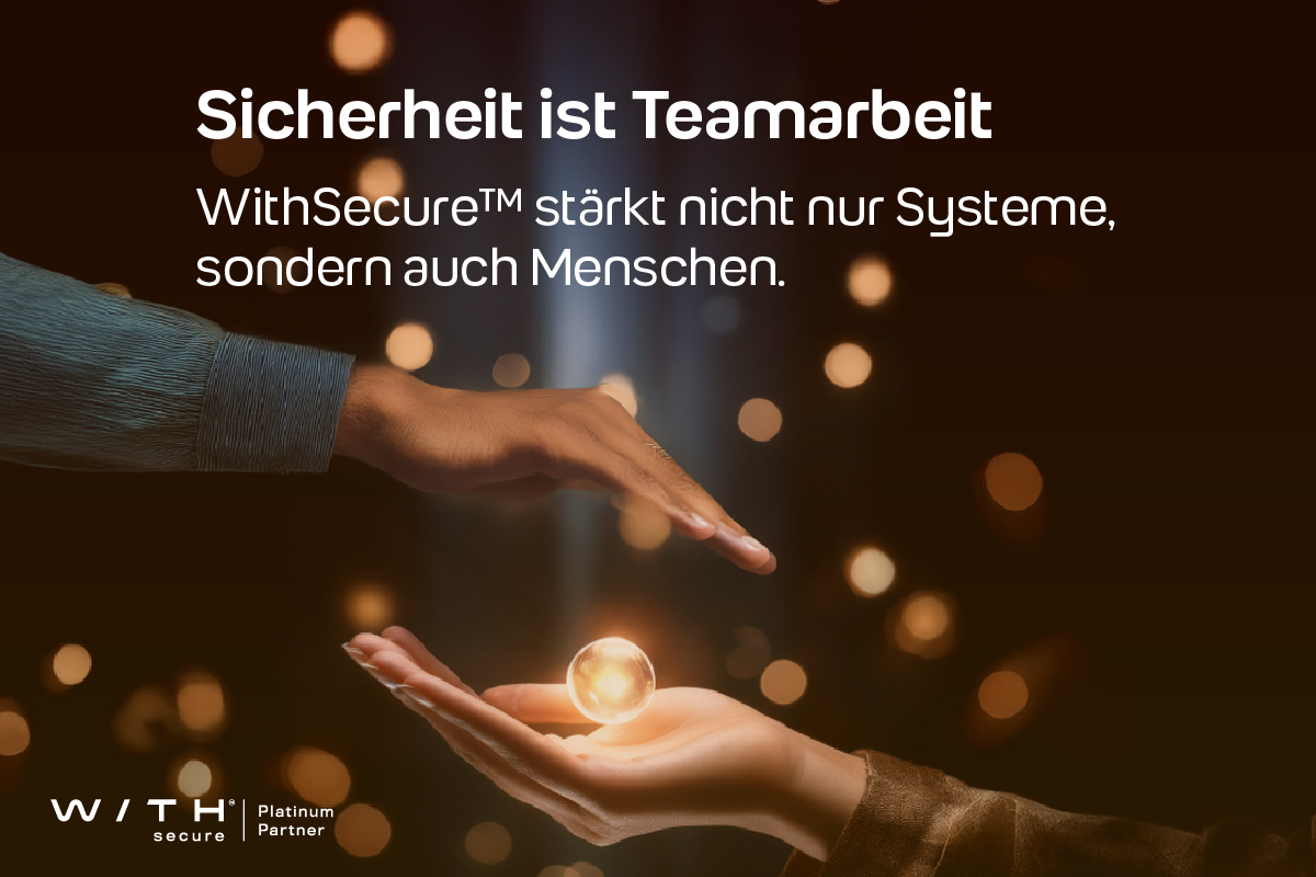 Zwei Hände reichen sich eine leuchtende Kugel – Symbol für Vertrauen und Zusammenarbeit in der Cybersicherheit. Text im Bild: ‚Sicherheit ist Teamarbeit. WithSecure stärkt nicht nur Systeme, sondern auch Menschen.‘