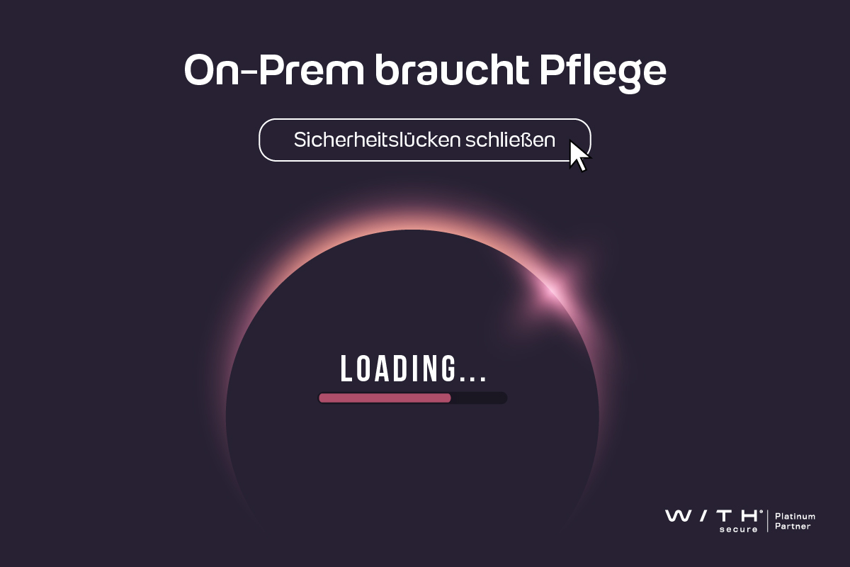 Grafik mit dem Text ‚On-Prem braucht Pflege – Sicherheitslücken schließen‘ und einem Ladebalken, Symbolbild für veraltete Software und notwendige IT-Wartung