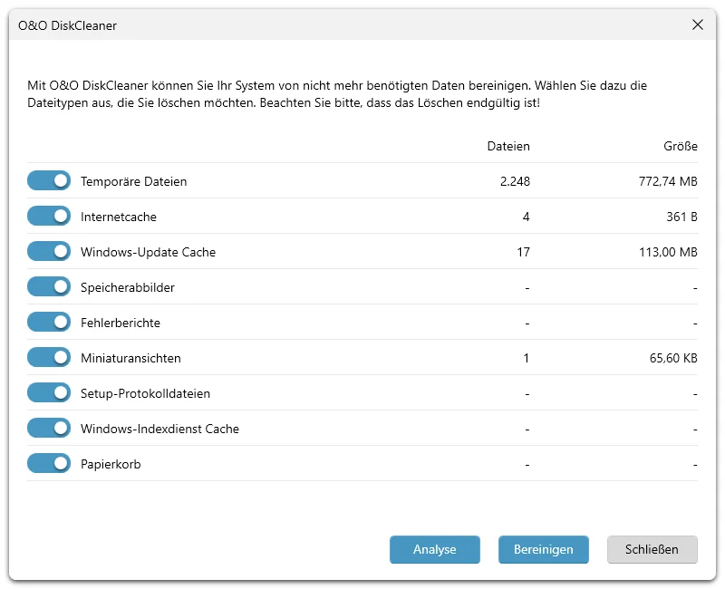 Mit dem integrierten O&O DiskCleaner entfernen Sie überflüssige Dateien im Handumdrehen und schaffen wieder Platz