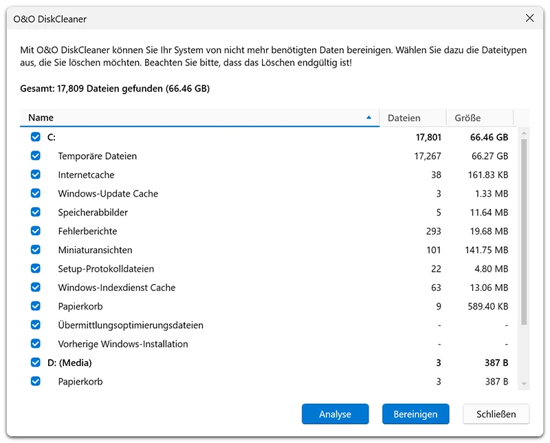 Mit dem integrierten O&O DiskCleaner entfernen Sie überflüssige Dateien im Handumdrehen und schaffen wieder Platz