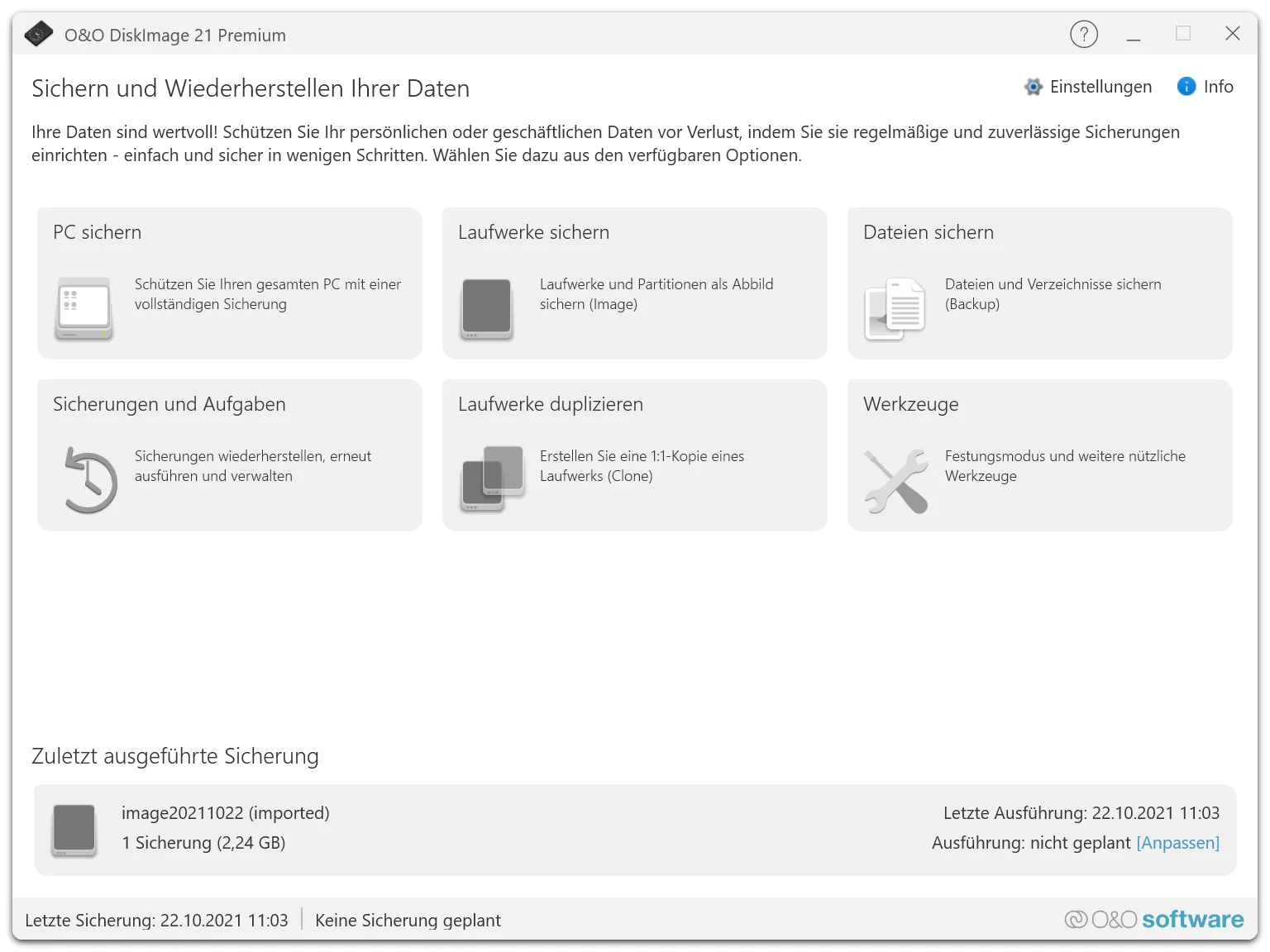 O&O DiskImage 21 Startbildschirm