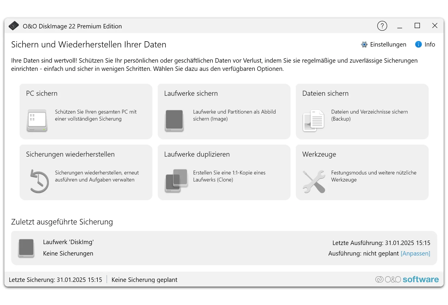 O&O DiskImage 222 Startbildschirm