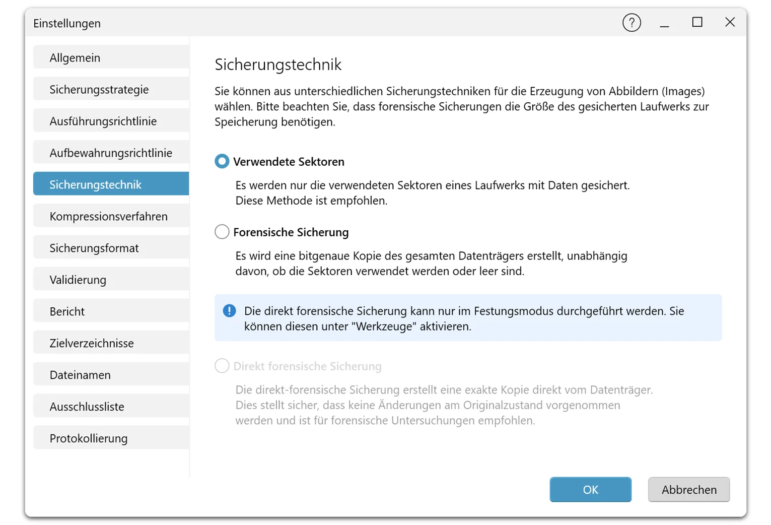 O&O DiskImage 22 Einstellungen