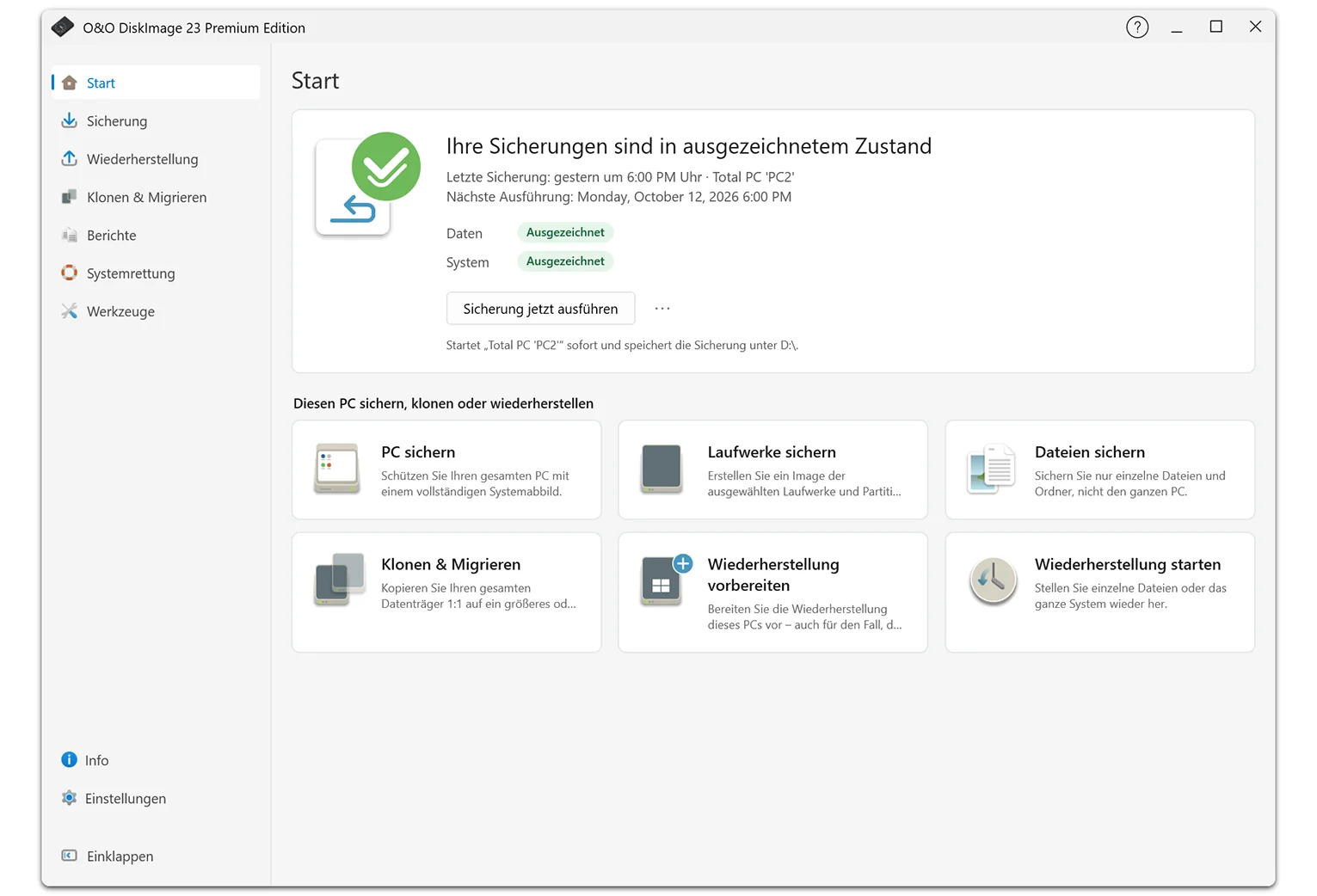 O&O DiskImage 23 Startbildschirm