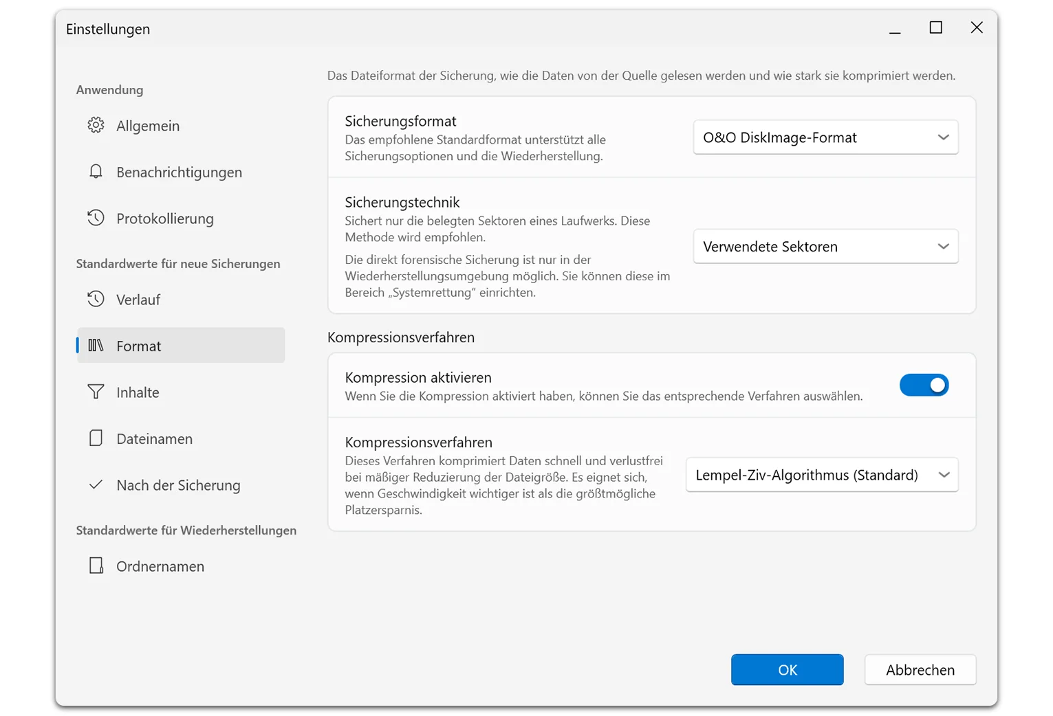 O&O DiskImage 23 Format-Einstellungen