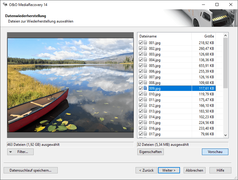 O&O MediaRecovery Dateien zur Wiederherstellung auswählen