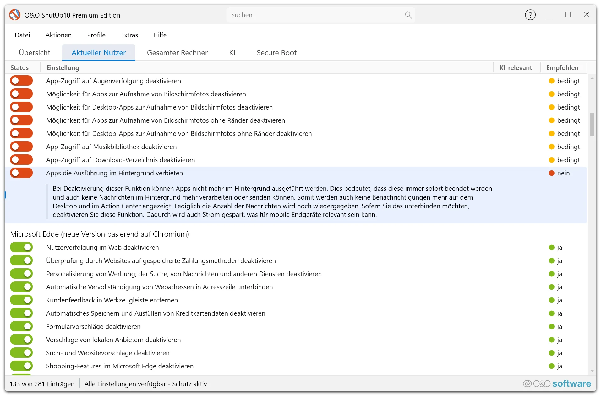 O&O ShutUp10 Premium - Screenshot der Ansicht mit Informationen zur Einstellung