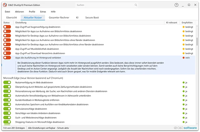 O&O ShutUp10 Premium - Screenshot der Ansicht mit Informationen zur Einstellung
