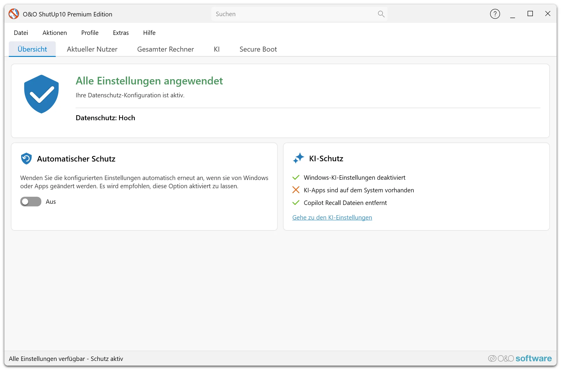 O&O ShutUp10 Premium - Screenshot der Übersicht