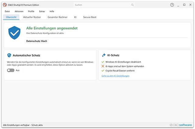 O&O ShutUp10 Premium - Screenshot der Übersicht