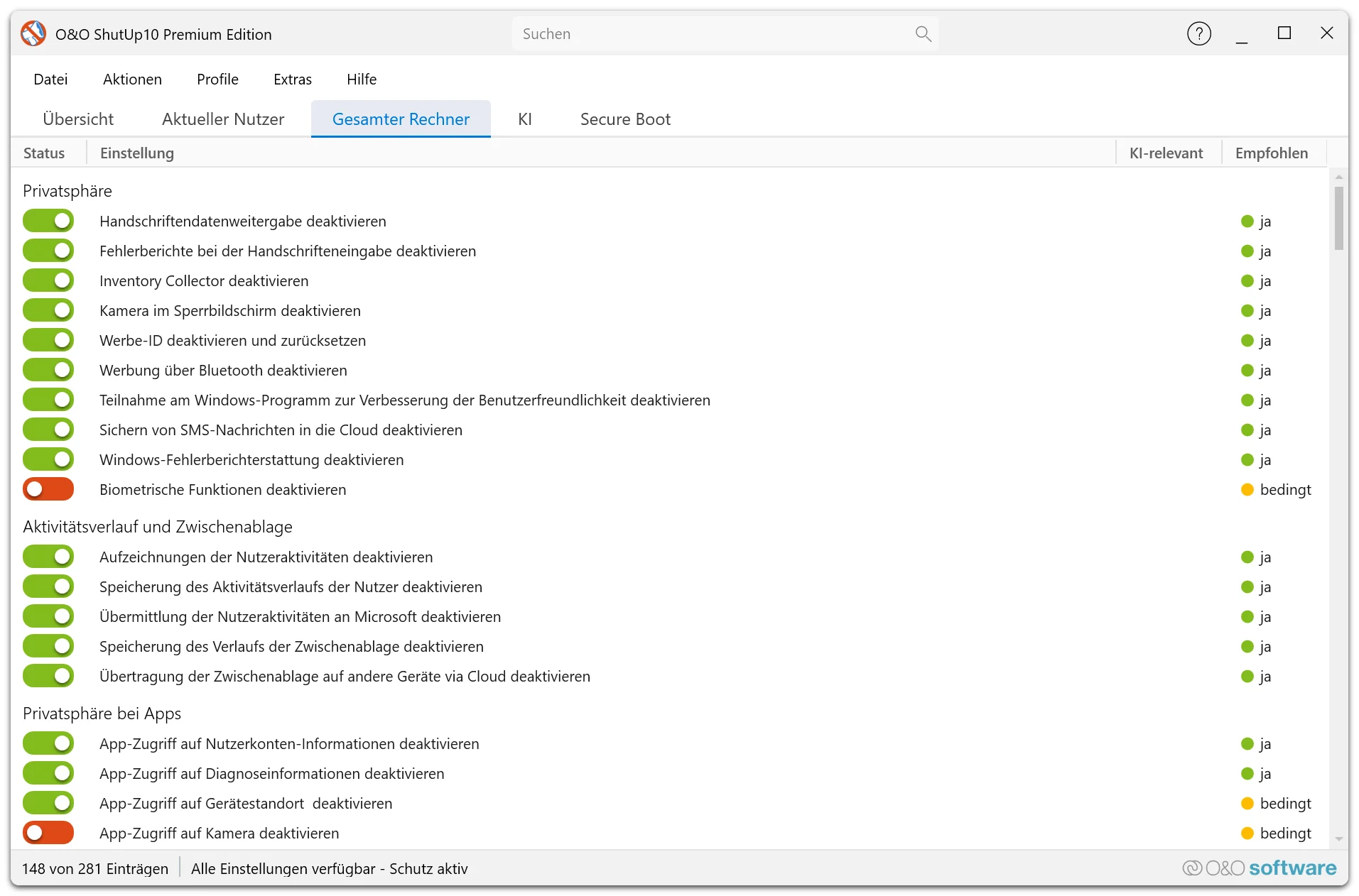 O&O ShutUp10 Premium - Einstellungen für den ganzen PC