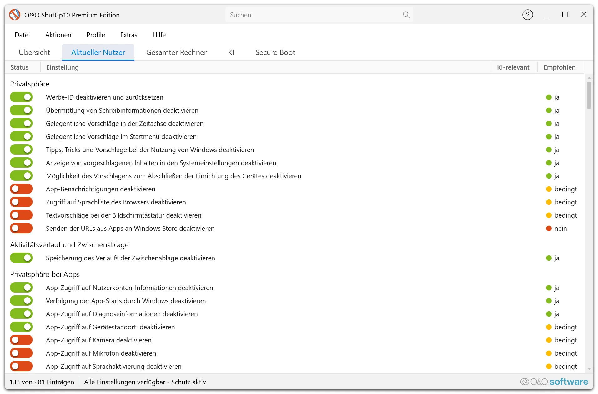 O&O ShutUp10 Premium - Einstellungen für den Benutzer