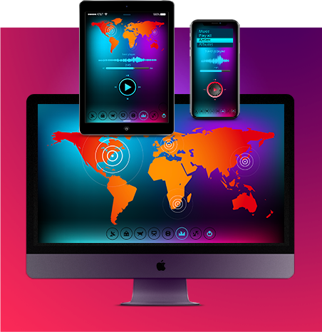iMac, Tablet PC und Smartphone mit Weltkarten
