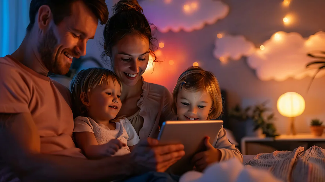 Familie schaut gemeinsam auf ein Smartphone