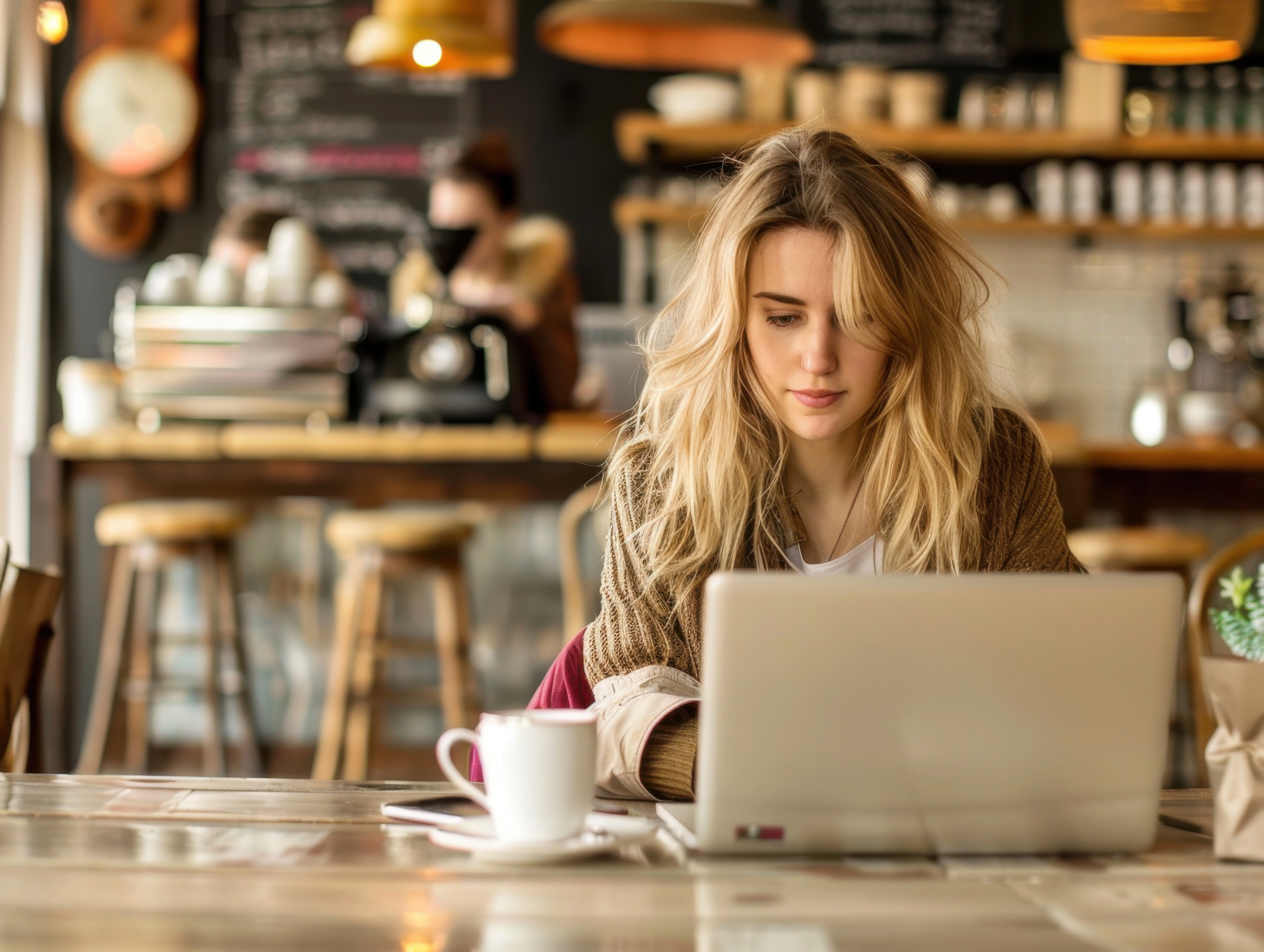Frau im Café am Laptop