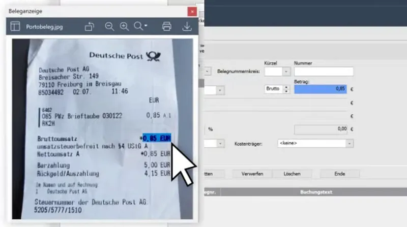 Screenshot beim Erfassen der digitalen Belege