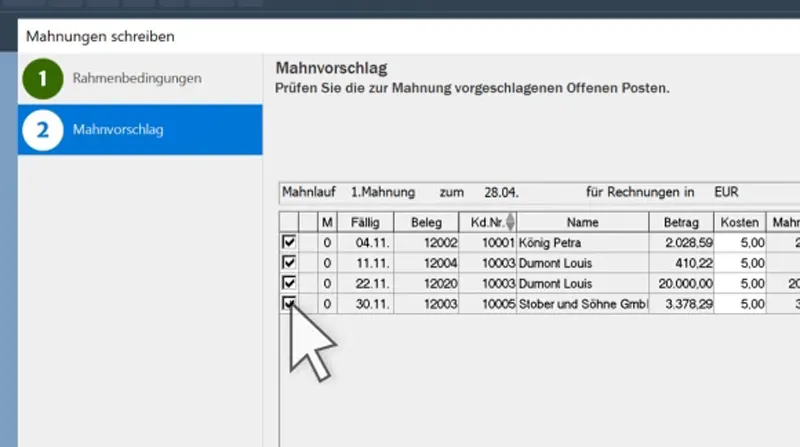 Screenshot zum Mahnvorschlag