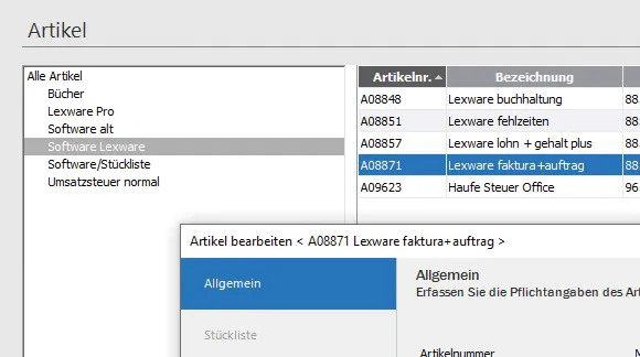 Screenshot zu Artikelverwaltung