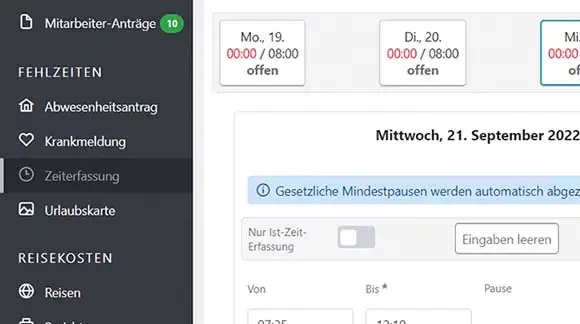 Screenshot zur Arbeitszeiterfassung