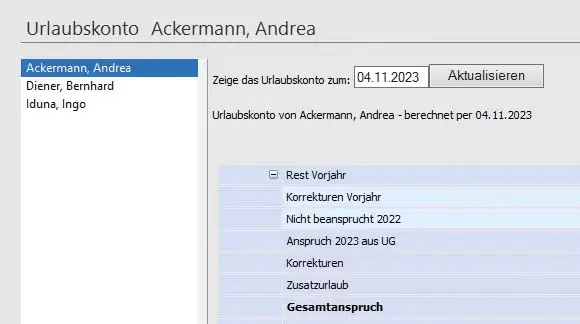 Screenshot zu Urlaubskonto eines Mitarbeiters