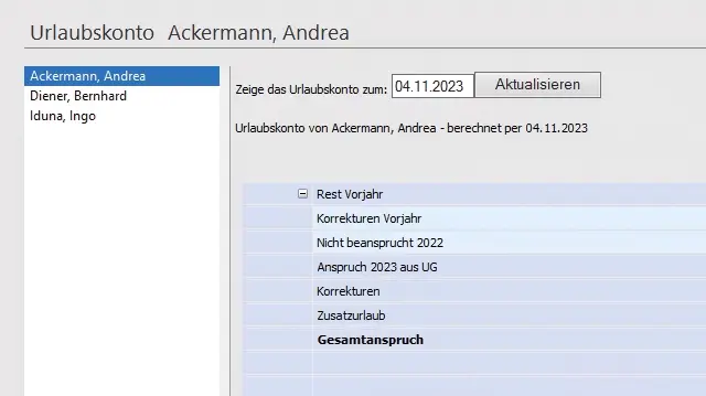 Screenshot zu einem Urlaubskonto eines Mitarbeiters