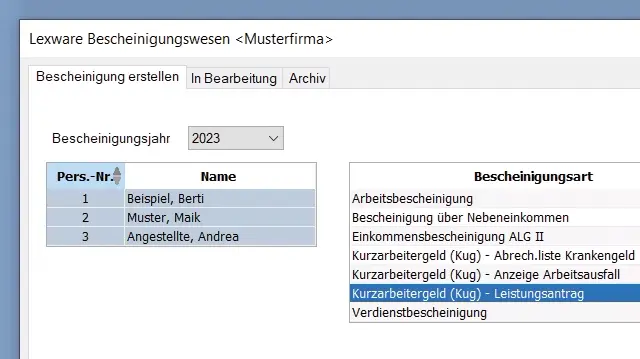 Screenshot zum Bescheinigungswesen